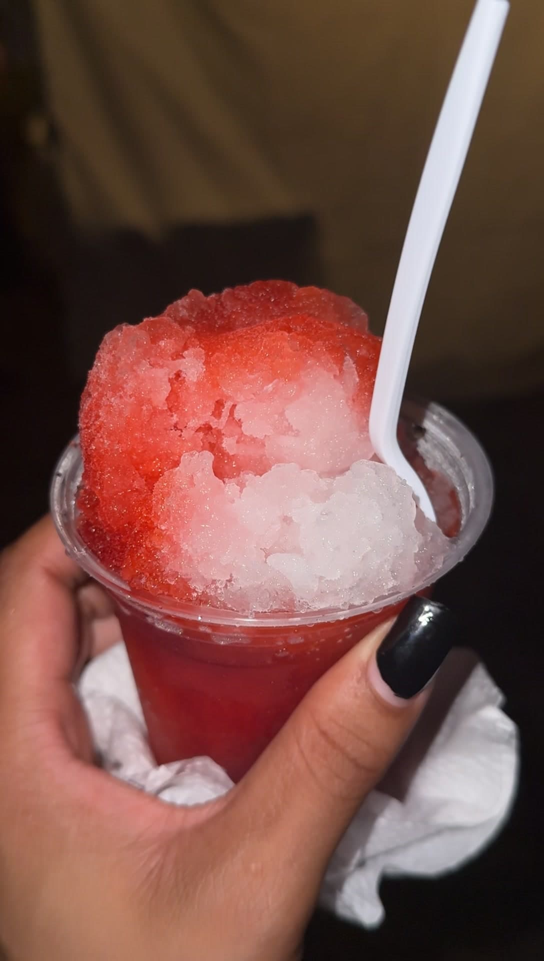 Close up of the shaved ice texture and syrup